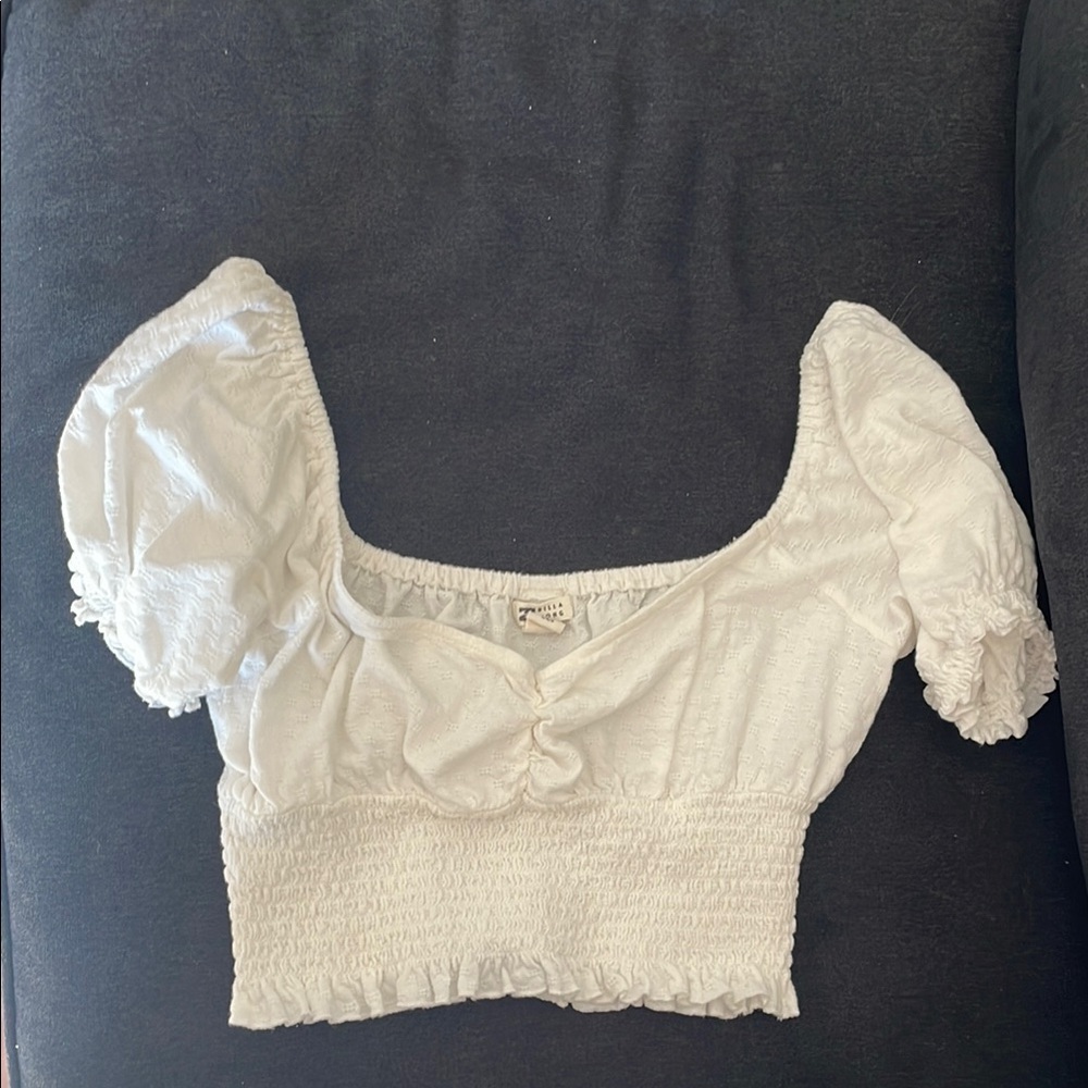 Billabong White Smocked Puff-Sleeve Crop Top with Square Neck